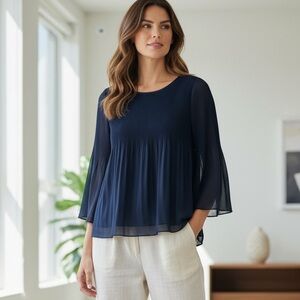 Theory NWT Navy Blue Pleated Long Sleeve Top - S